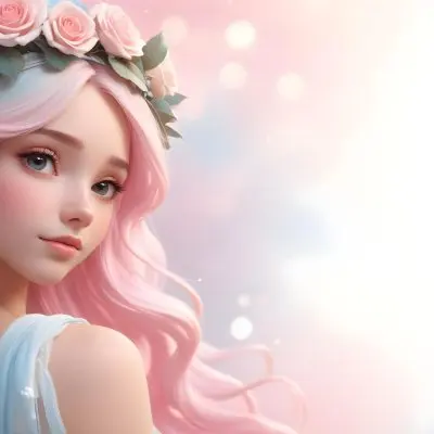 A Young Woman With Fair Skin And Long Flowing Hair That Transitions From Pastel Pink To Light Blue She Has A Floral Crown Made Of White And Pink Roses Adorning Her Head The Background Features A Soft Blurred Pink Gra 75 787e