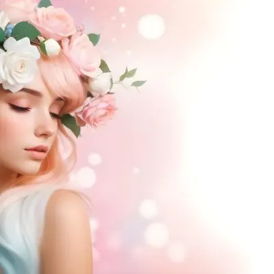 A Young Woman With Fair Skin And Long Flowing Hair That Transitions From Pastel Pink To Light Blue She Has A Floral Crown Made Of White And Pink Roses Adorning Her Head The Background Features A Soft Blurred Pink Gra 80 C85d