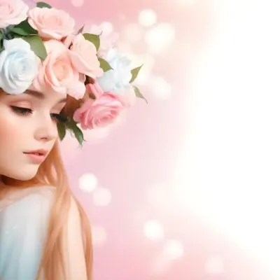 A Young Woman With Fair Skin And Long Flowing Hair That Transitions From Pastel Pink To Light Blue She Has A Floral Crown Made Of White And Pink Roses Adorning Her Head The Background Features A Soft Blurred Pink Gra 81 Ed3d