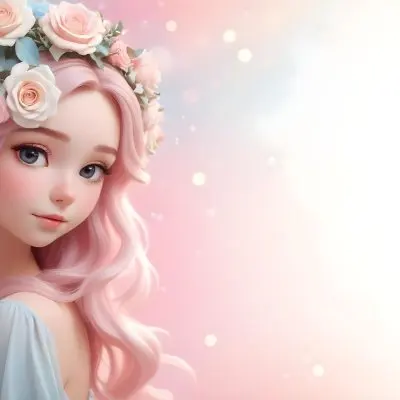 A Young Woman With Fair Skin And Long Flowing Hair That Transitions From Pastel Pink To Light Blue She Has A Floral Crown Made Of White And Pink Roses Adorning Her Head The Background Features A Soft Blurred Pink Gra 84 E872