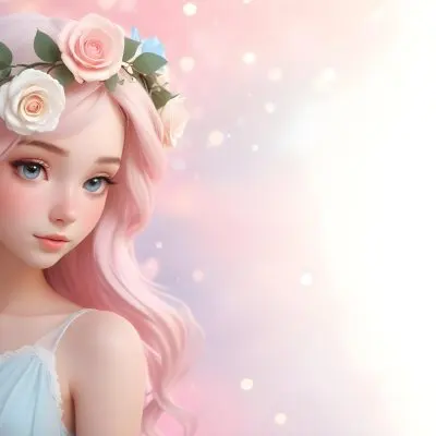 A Young Woman With Fair Skin And Long Flowing Hair That Transitions From Pastel Pink To Light Blue She Has A Floral Crown Made Of White And Pink Roses Adorning Her Head The Background Features A Soft Blurred Pink Gra 88 2eae