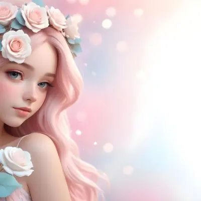 A Young Woman With Fair Skin And Long Flowing Hair That Transitions From Pastel Pink To Light Blue She Has A Floral Crown Made Of White And Pink Roses Adorning Her Head The Background Features A Soft Blurred Pink Gra 90 15d7