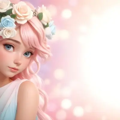 A Young Woman With Fair Skin And Long Flowing Hair That Transitions From Pastel Pink To Light Blue She Has A Floral Crown Made Of White And Pink Roses Adorning Her Head The Background Features A Soft Blurred Pink Gra 91 Bf22