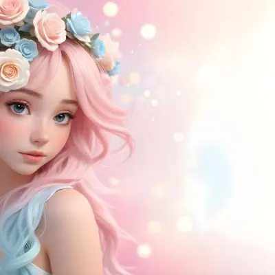 A Young Woman With Fair Skin And Long Flowing Hair That Transitions From Pastel Pink To Light Blue She Has A Floral Crown Made Of White And Pink Roses Adorning Her Head The Background Features A Soft Blurred Pink Gra 92 1237