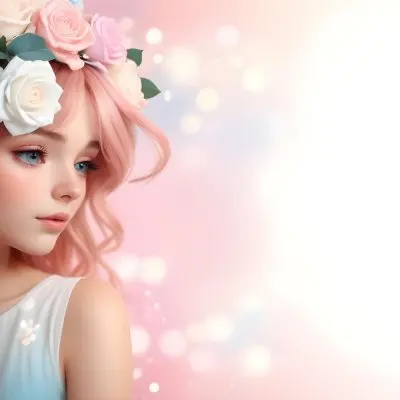 A Young Woman With Fair Skin And Long Flowing Hair That Transitions From Pastel Pink To Light Blue She Has A Floral Crown Made Of White And Pink Roses Adorning Her Head The Background Features A Soft Blurred Pink Gra 94 33be