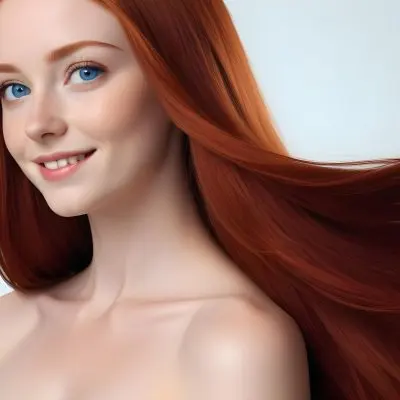 A Young Woman With Fair Skin And Long Straight Vibrant Red Hair She Has Bright Blue Eyes And A Subtle Smile The Background Is Plain And Light Emphasizing Her Features And Hair 27 0b45