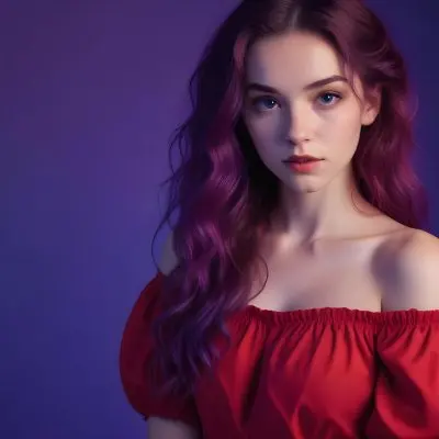 A Young Woman With Fair Skin And Long Wavy Purple Hair Approximately 20 Years Old She Is Wearing A Vibrant Red Off The Shoulder Top With Puffed Sleeves The Background Has A Gradient Of Purple And Blue Lighting Creat 28 F038