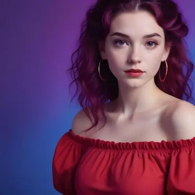A Young Woman With Fair Skin And Long Wavy Purple Hair Approximately 20 Years Old She Is Wearing A Vibrant Red Off The Shoulder Top With Puffed Sleeves The Background Has A Gradient Of Purple And Blue Lighting Creat 35 5309