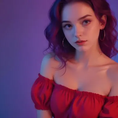 A Young Woman With Fair Skin And Long Wavy Purple Hair Approximately 20 Years Old She Is Wearing A Vibrant Red Off The Shoulder Top With Puffed Sleeves The Background Has A Gradient Of Purple And Blue Lighting Creat 57 D982