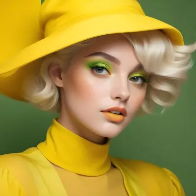A Young Woman With Fair Skin And Platinum Blonde Hair Styled In Soft Waves She Is Wearing A Bright Yellow Oversized Hat And A Matching Yellow Outfit Her Makeup Features Bold Green Eyeshadow Accentuating Her Striking 10 1d33