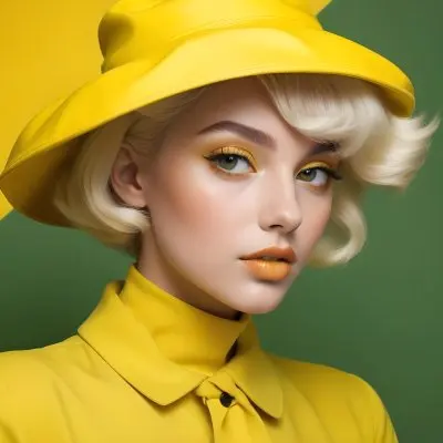 A Young Woman With Fair Skin And Platinum Blonde Hair Styled In Soft Waves She Is Wearing A Bright Yellow Oversized Hat And A Matching Yellow Outfit Her Makeup Features Bold Green Eyeshadow Accentuating Her Striking 12 7646