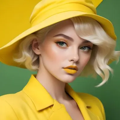 A Young Woman With Fair Skin And Platinum Blonde Hair Styled In Soft Waves She Is Wearing A Bright Yellow Oversized Hat And A Matching Yellow Outfit Her Makeup Features Bold Green Eyeshadow Accentuating Her Striking 14 57bd