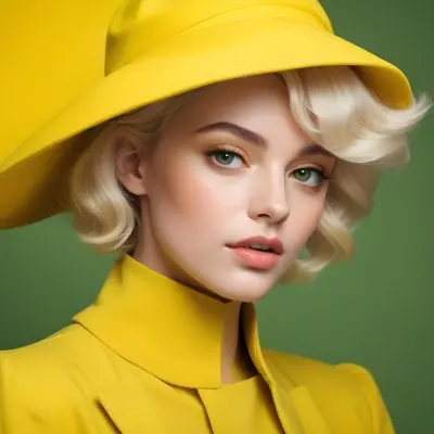 A Young Woman With Fair Skin And Platinum Blonde Hair Styled In Soft Waves She Is Wearing A Bright Yellow Oversized Hat And A Matching Yellow Outfit Her Makeup Features Bold Green Eyeshadow Accentuating Her Striking 15 513c