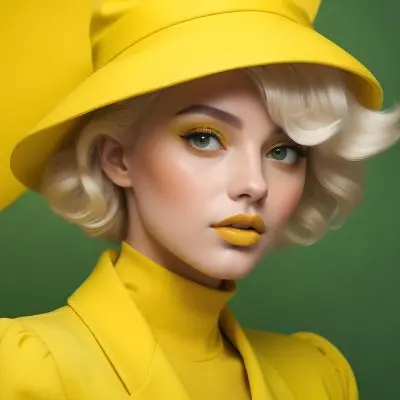 A Young Woman With Fair Skin And Platinum Blonde Hair Styled In Soft Waves She Is Wearing A Bright Yellow Oversized Hat And A Matching Yellow Outfit Her Makeup Features Bold Green Eyeshadow Accentuating Her Striking 16 1cb3