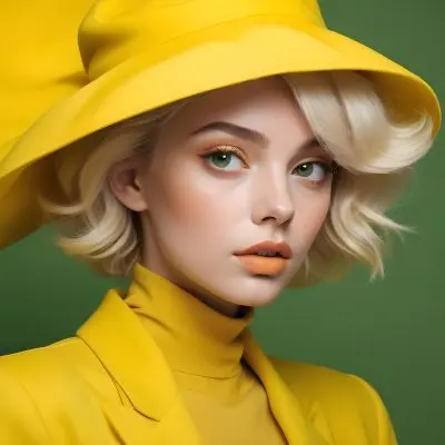 A Young Woman With Fair Skin And Platinum Blonde Hair Styled In Soft Waves She Is Wearing A Bright Yellow Oversized Hat And A Matching Yellow Outfit Her Makeup Features Bold Green Eyeshadow Accentuating Her Striking 17 C023