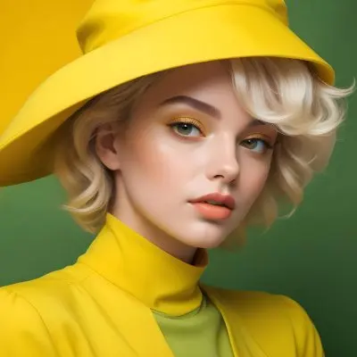 A Young Woman With Fair Skin And Platinum Blonde Hair Styled In Soft Waves She Is Wearing A Bright Yellow Oversized Hat And A Matching Yellow Outfit Her Makeup Features Bold Green Eyeshadow Accentuating Her Striking 19 3910