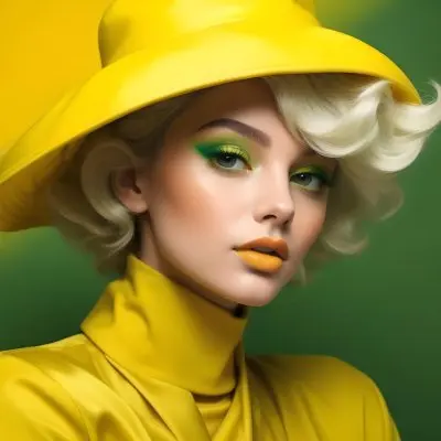A Young Woman With Fair Skin And Platinum Blonde Hair Styled In Soft Waves She Is Wearing A Bright Yellow Oversized Hat And A Matching Yellow Outfit Her Makeup Features Bold Green Eyeshadow Accentuating Her Striking 20 2e3e