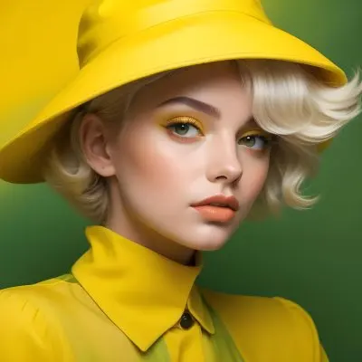 A Young Woman With Fair Skin And Platinum Blonde Hair Styled In Soft Waves She Is Wearing A Bright Yellow Oversized Hat And A Matching Yellow Outfit Her Makeup Features Bold Green Eyeshadow Accentuating Her Striking 21 2710