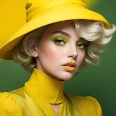 A Young Woman With Fair Skin And Platinum Blonde Hair Styled In Soft Waves She Is Wearing A Bright Yellow Oversized Hat And A Matching Yellow Outfit Her Makeup Features Bold Green Eyeshadow Accentuating Her Striking 22 3b46