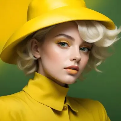 A Young Woman With Fair Skin And Platinum Blonde Hair Styled In Soft Waves She Is Wearing A Bright Yellow Oversized Hat And A Matching Yellow Outfit Her Makeup Features Bold Green Eyeshadow Accentuating Her Striking 23 6929