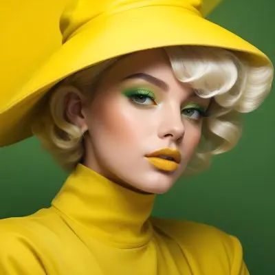 A Young Woman With Fair Skin And Platinum Blonde Hair Styled In Soft Waves She Is Wearing A Bright Yellow Oversized Hat And A Matching Yellow Outfit Her Makeup Features Bold Green Eyeshadow Accentuating Her Striking 24 72d3