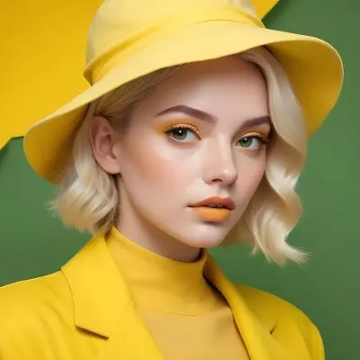 A Young Woman With Fair Skin And Platinum Blonde Hair Styled In Soft Waves She Is Wearing A Bright Yellow Oversized Hat And A Matching Yellow Outfit Her Makeup Features Bold Green Eyeshadow Accentuating Her Striking 25 3b3b