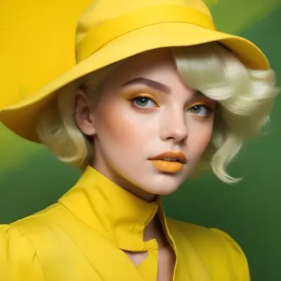 A Young Woman With Fair Skin And Platinum Blonde Hair Styled In Soft Waves She Is Wearing A Bright Yellow Oversized Hat And A Matching Yellow Outfit Her Makeup Features Bold Green Eyeshadow Accentuating Her Striking 26 896c
