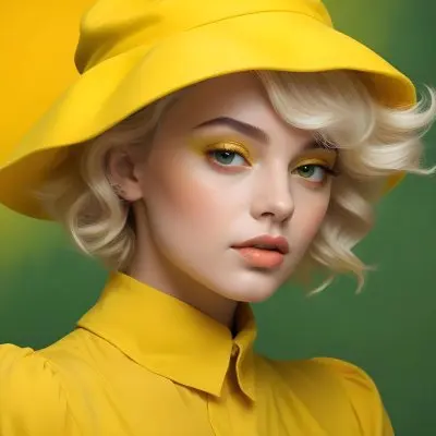 A Young Woman With Fair Skin And Platinum Blonde Hair Styled In Soft Waves She Is Wearing A Bright Yellow Oversized Hat And A Matching Yellow Outfit Her Makeup Features Bold Green Eyeshadow Accentuating Her Striking 27 432b