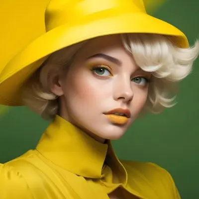 A Young Woman With Fair Skin And Platinum Blonde Hair Styled In Soft Waves She Is Wearing A Bright Yellow Oversized Hat And A Matching Yellow Outfit Her Makeup Features Bold Green Eyeshadow Accentuating Her Striking 29 7c5b