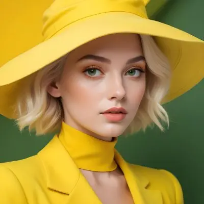 A Young Woman With Fair Skin And Platinum Blonde Hair Styled In Soft Waves She Is Wearing A Bright Yellow Oversized Hat And A Matching Yellow Outfit Her Makeup Features Bold Green Eyeshadow Accentuating Her Striking 3 F90a