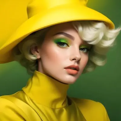 A Young Woman With Fair Skin And Platinum Blonde Hair Styled In Soft Waves She Is Wearing A Bright Yellow Oversized Hat And A Matching Yellow Outfit Her Makeup Features Bold Green Eyeshadow Accentuating Her Striking 30 6c17