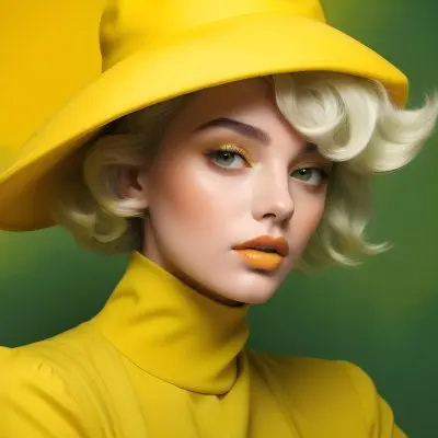 A Young Woman With Fair Skin And Platinum Blonde Hair Styled In Soft Waves She Is Wearing A Bright Yellow Oversized Hat And A Matching Yellow Outfit Her Makeup Features Bold Green Eyeshadow Accentuating Her Striking 32 C0ba
