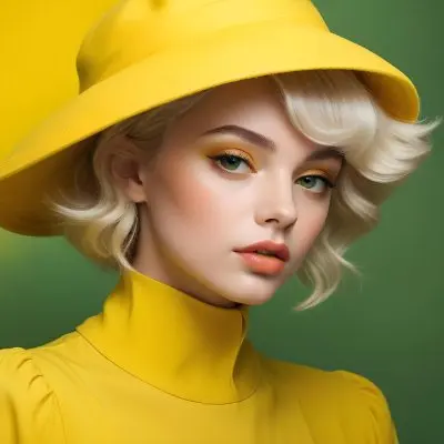A Young Woman With Fair Skin And Platinum Blonde Hair Styled In Soft Waves She Is Wearing A Bright Yellow Oversized Hat And A Matching Yellow Outfit Her Makeup Features Bold Green Eyeshadow Accentuating Her Striking 33 Ffe5