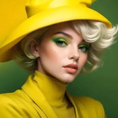 A Young Woman With Fair Skin And Platinum Blonde Hair Styled In Soft Waves She Is Wearing A Bright Yellow Oversized Hat And A Matching Yellow Outfit Her Makeup Features Bold Green Eyeshadow Accentuating Her Striking 35 Cf5f