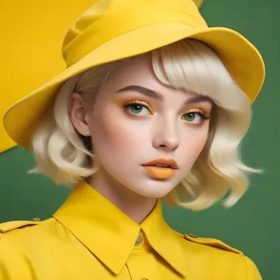 A Young Woman With Fair Skin And Platinum Blonde Hair Styled In Soft Waves She Is Wearing A Bright Yellow Oversized Hat And A Matching Yellow Outfit Her Makeup Features Bold Green Eyeshadow Accentuating Her Striking 36 9472