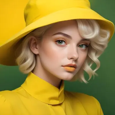 A Young Woman With Fair Skin And Platinum Blonde Hair Styled In Soft Waves She Is Wearing A Bright Yellow Oversized Hat And A Matching Yellow Outfit Her Makeup Features Bold Green Eyeshadow Accentuating Her Striking 37 B07f