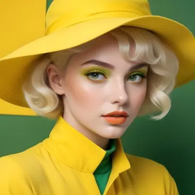 A Young Woman With Fair Skin And Platinum Blonde Hair Styled In Soft Waves She Is Wearing A Bright Yellow Oversized Hat And A Matching Yellow Outfit Her Makeup Features Bold Green Eyeshadow Accentuating Her Striking 38 D167