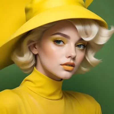 A Young Woman With Fair Skin And Platinum Blonde Hair Styled In Soft Waves She Is Wearing A Bright Yellow Oversized Hat And A Matching Yellow Outfit Her Makeup Features Bold Green Eyeshadow Accentuating Her Striking 4 1d0c