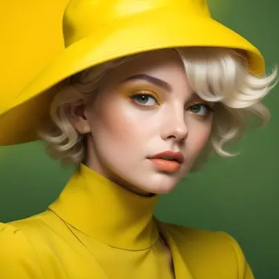 A Young Woman With Fair Skin And Platinum Blonde Hair Styled In Soft Waves She Is Wearing A Bright Yellow Oversized Hat And A Matching Yellow Outfit Her Makeup Features Bold Green Eyeshadow Accentuating Her Striking 41 161a