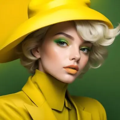A Young Woman With Fair Skin And Platinum Blonde Hair Styled In Soft Waves She Is Wearing A Bright Yellow Oversized Hat And A Matching Yellow Outfit Her Makeup Features Bold Green Eyeshadow Accentuating Her Striking 42 Aec2