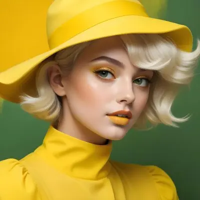 A Young Woman With Fair Skin And Platinum Blonde Hair Styled In Soft Waves She Is Wearing A Bright Yellow Oversized Hat And A Matching Yellow Outfit Her Makeup Features Bold Green Eyeshadow Accentuating Her Striking 43 Ee23