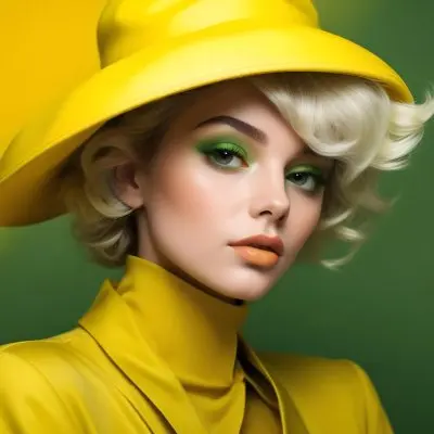 A Young Woman With Fair Skin And Platinum Blonde Hair Styled In Soft Waves She Is Wearing A Bright Yellow Oversized Hat And A Matching Yellow Outfit Her Makeup Features Bold Green Eyeshadow Accentuating Her Striking 44 C050