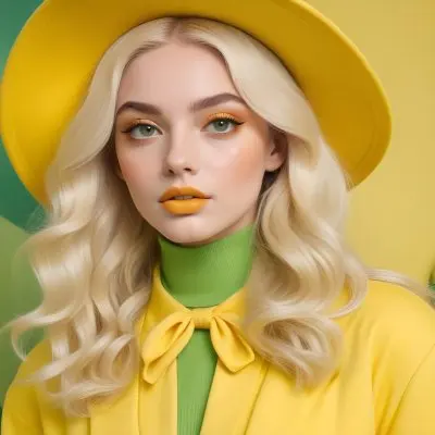 A Young Woman With Fair Skin And Platinum Blonde Hair Styled In Soft Waves She Is Wearing A Bright Yellow Oversized Hat And A Matching Yellow Outfit Her Makeup Features Bold Green Eyeshadow Accentuating Her Striking 45 0026