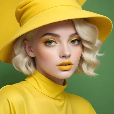 A Young Woman With Fair Skin And Platinum Blonde Hair Styled In Soft Waves She Is Wearing A Bright Yellow Oversized Hat And A Matching Yellow Outfit Her Makeup Features Bold Green Eyeshadow Accentuating Her Striking 47 A6e4