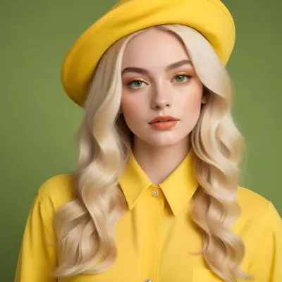 A Young Woman With Fair Skin And Platinum Blonde Hair Styled In Soft Waves She Is Wearing A Bright Yellow Oversized Hat And A Matching Yellow Outfit Her Makeup Features Bold Green Eyeshadow Accentuating Her Striking 5 09f6