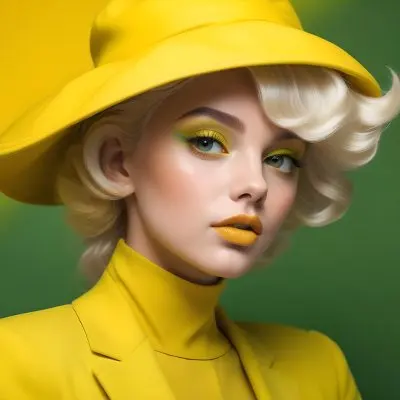A Young Woman With Fair Skin And Platinum Blonde Hair Styled In Soft Waves She Is Wearing A Bright Yellow Oversized Hat And A Matching Yellow Outfit Her Makeup Features Bold Green Eyeshadow Accentuating Her Striking 50 5da5