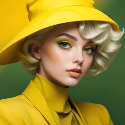 A Young Woman With Fair Skin And Platinum Blonde Hair Styled In Soft Waves She Is Wearing A Bright Yellow Oversized Hat And A Matching Yellow Outfit Her Makeup Features Bold Green Eyeshadow Accentuating Her Striking 51 0522
