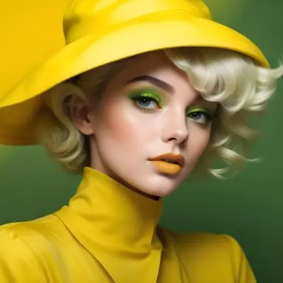 A Young Woman With Fair Skin And Platinum Blonde Hair Styled In Soft Waves She Is Wearing A Bright Yellow Oversized Hat And A Matching Yellow Outfit Her Makeup Features Bold Green Eyeshadow Accentuating Her Striking 52 Ca72
