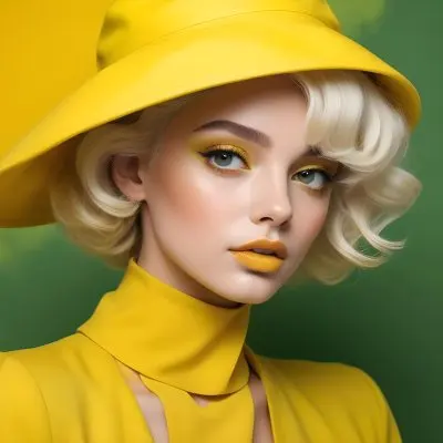 A Young Woman With Fair Skin And Platinum Blonde Hair Styled In Soft Waves She Is Wearing A Bright Yellow Oversized Hat And A Matching Yellow Outfit Her Makeup Features Bold Green Eyeshadow Accentuating Her Striking 53 6003
