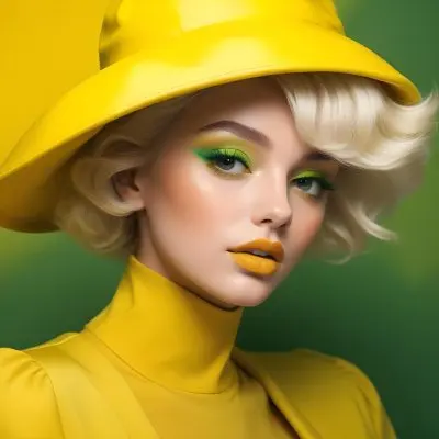 A Young Woman With Fair Skin And Platinum Blonde Hair Styled In Soft Waves She Is Wearing A Bright Yellow Oversized Hat And A Matching Yellow Outfit Her Makeup Features Bold Green Eyeshadow Accentuating Her Striking 54 E73d